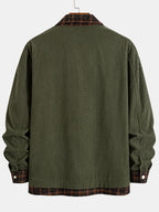 Men's Vintage Green Patchwork Plaid Double Pocket Lapel Design 2-in-1 Look Workwear Jacket for Daily Streetwear, Commuting, Casual Gatherings, and Light Social Wear - New Long Sleeve Coat for Autumn and Winter - Dark Green