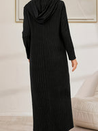 Plus Size Fall Winter Long Hooded Striped Thick Skin-Friendly Slit Casual Home Sleep Dress - Black