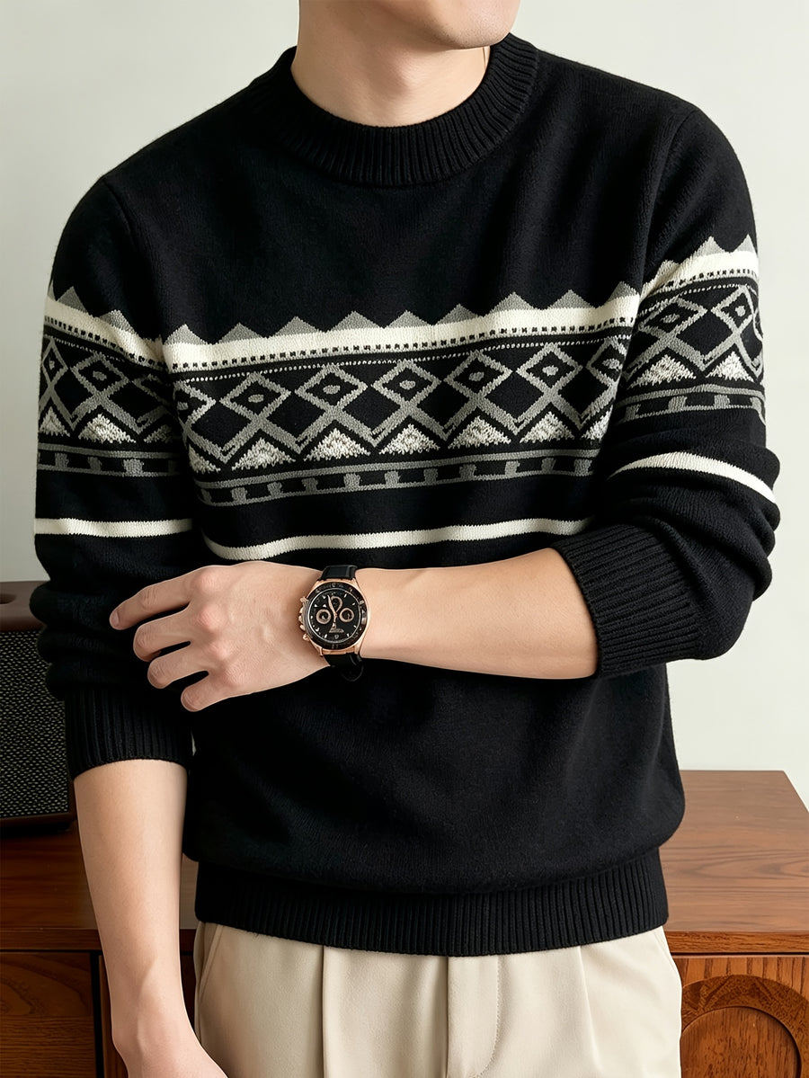 SENMEIGUO New Men's Semi High Neck Knitted Sweater with Fashionable Patterns for Autumn and Winter, Warm and Casual Base Top - Black Gray