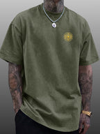 Men's Short-Sleeve T-Shirt, Pure Cotton Loose Fit Washed Distressed Top, Golden Compass Sun Pattern Trendy Reversible Double-Sided Print, Multiple Colors for  Mix & Match, American Streetwear High Street Hip-Hop Style, for Daily Outings - Military Green