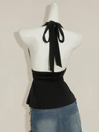 Women's Low-Neck Pleated Halter Neck Bow Backless Polka Dot Tank Top - Black