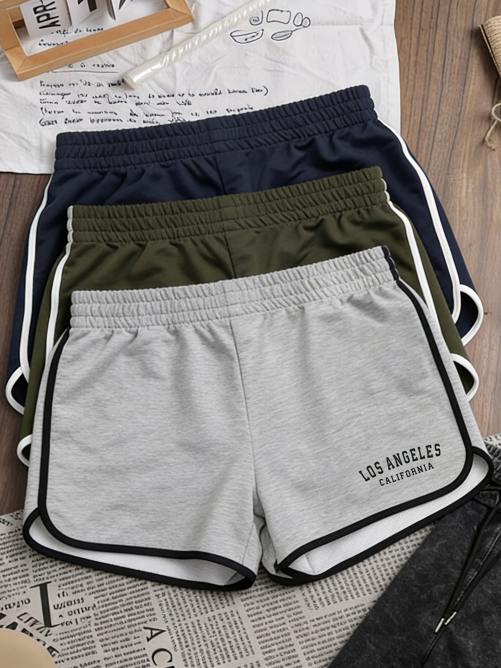 3pcs Women'S Summer Hot Style Y2K Shorts Casual Women'S Trendy Versatile Bottoms Pants Home Elastic Waist Letter Print Hot Pants - Navy blue + army green + light gray