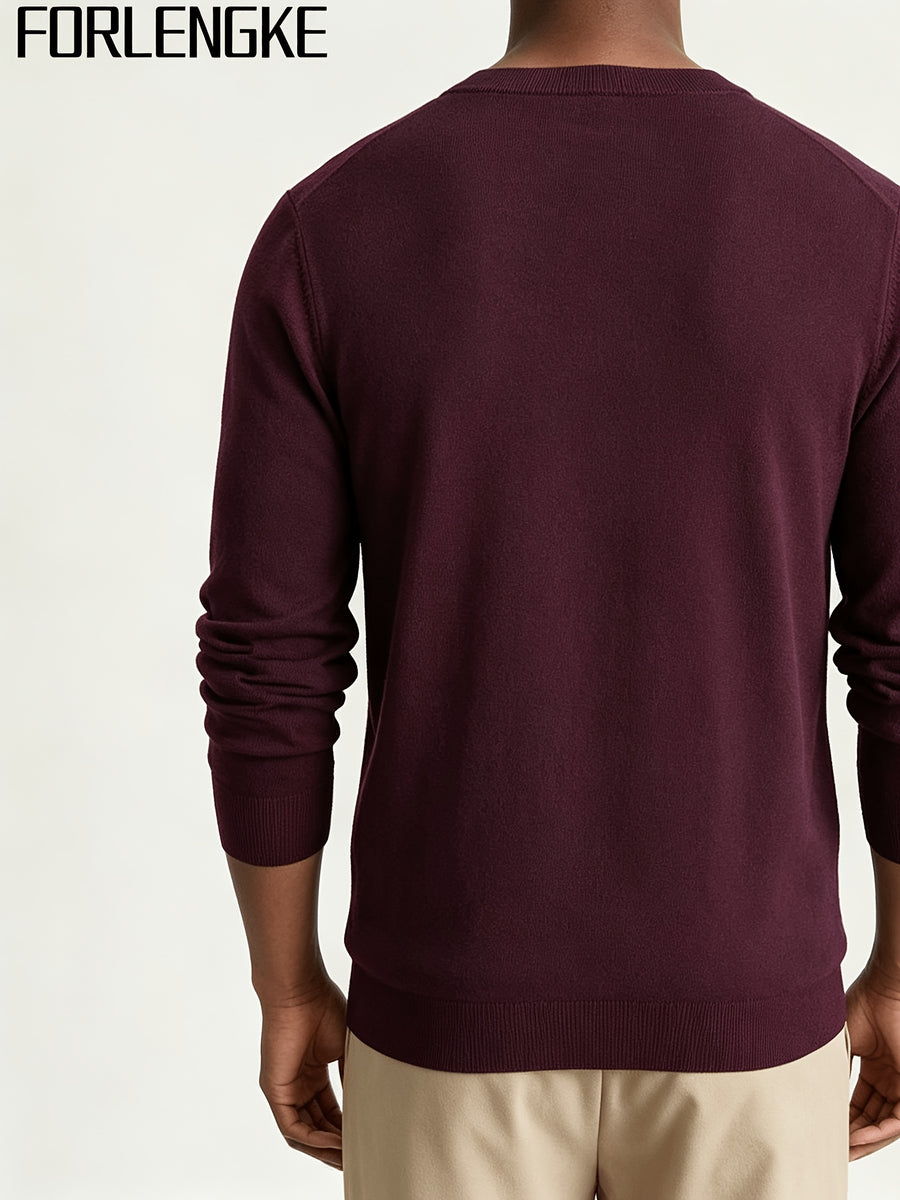 FORLENGKE Men's Casual Commuter-style Checkered Knit Sweater with Checkered Jacquard, Soft and Breathable Knit Fabric, Classic Crew Neck Long-sleeve Pullover Style, Suitable for Various Outfit Occasions, Autumn and Winter Daily Casual Men's Top - Deep Red