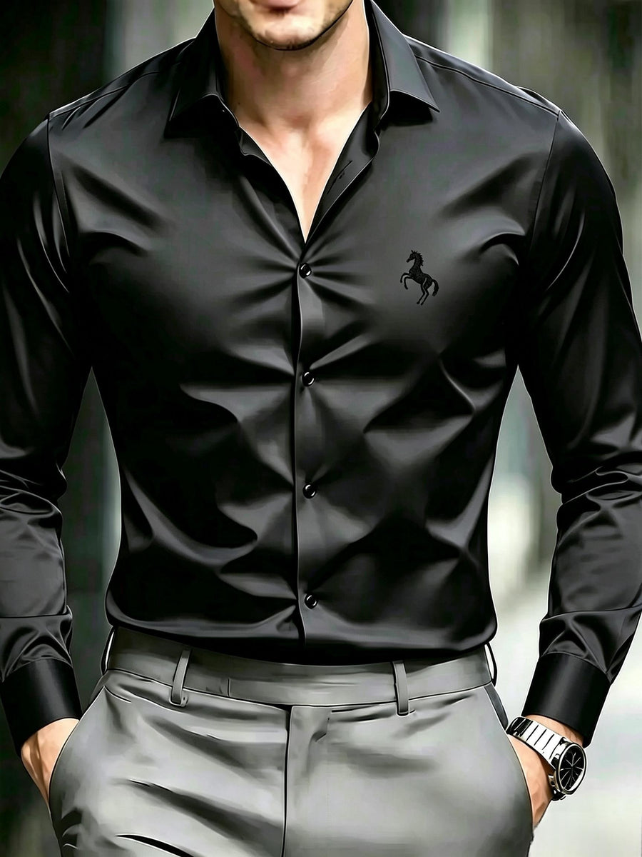 Men'S Long Sleeve Lapel Solid Color Shirt, Fashionable Non-Iron Easy Care Commuter Top, Classic Versatile Style - Black