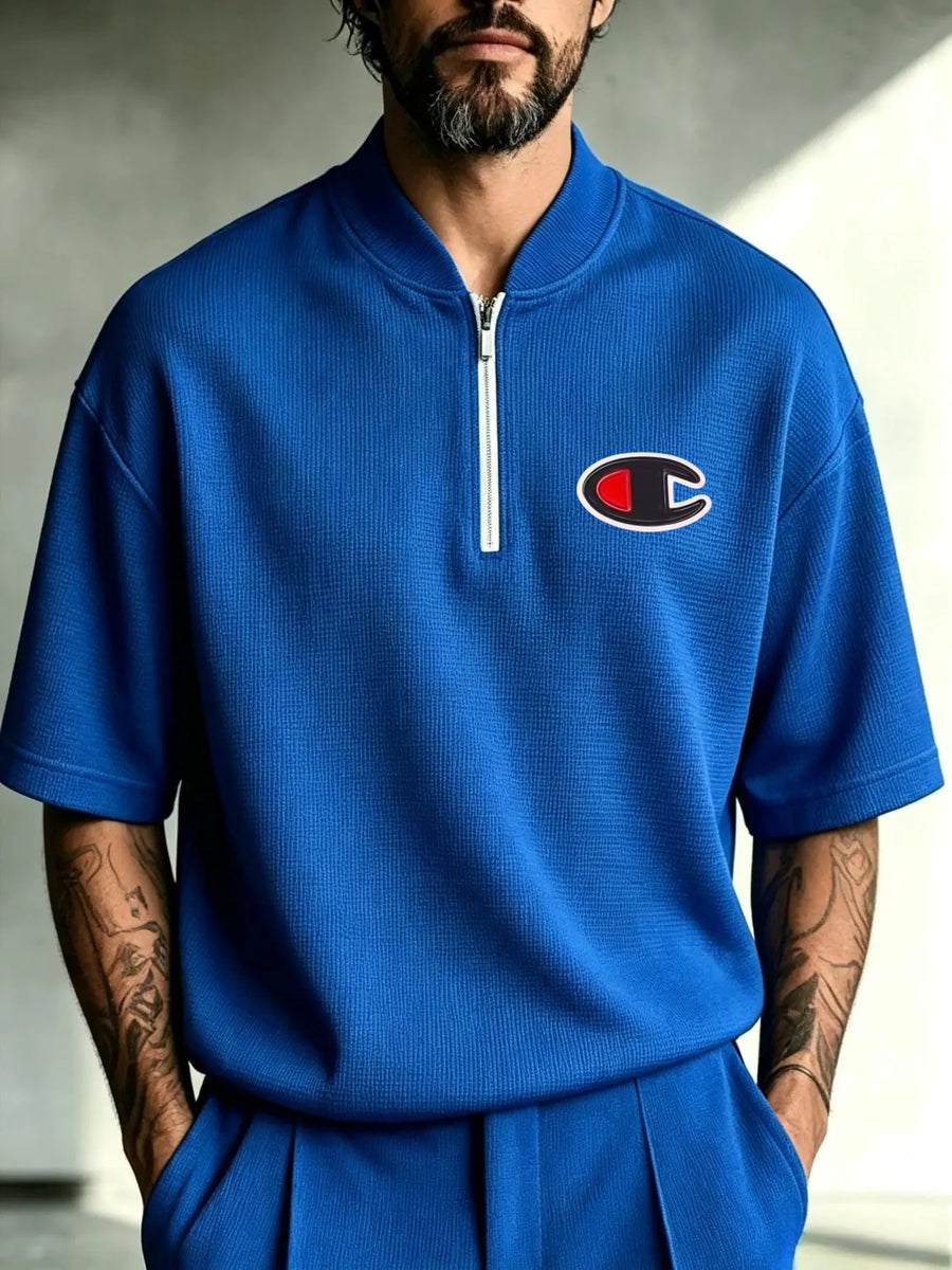 Men'S Waffle Knit Quarter-Zip Short Sleeve Shirt, Stand Collar Contrast Oval C-Shaped Pattern Chest Print, Loose Casual Pullover Top - Royal Blue