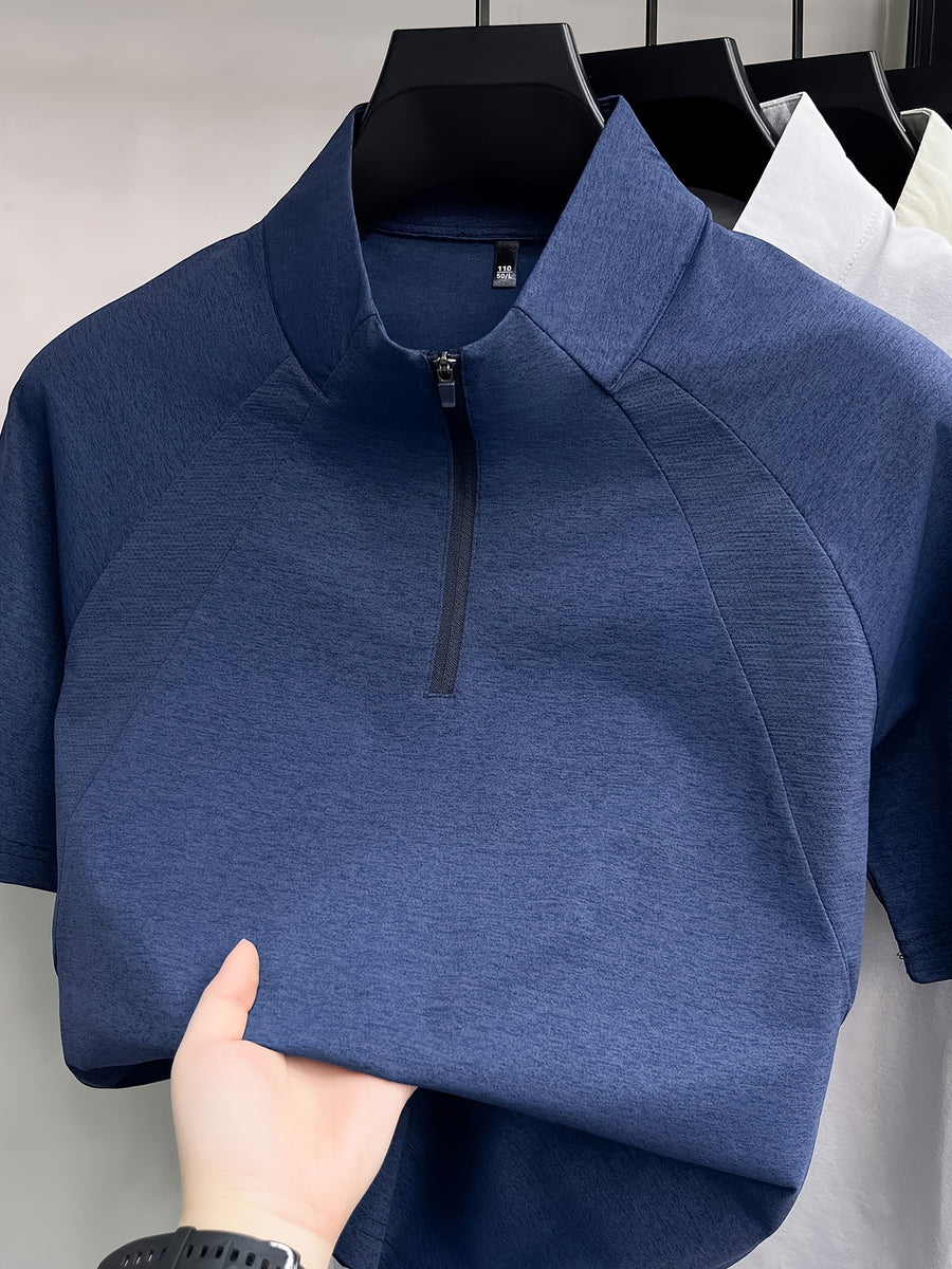 Men's Half-Zip Henley Polo Shirt Short-Sleeve T-Shirt - Summer Zip-Front Collar, Asymmetric Hem & Patchwork Suitable for Outdoor Sports, Casual Wear, Work, Machine Washable Solid Color Stand Collar Shirt - Dark Blue