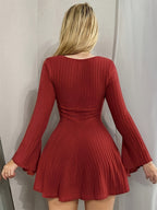 Bodycon Dress, Square Neck Tie Ruffled Sleeve Short Skirt Purely Sexy Style - Deep Red