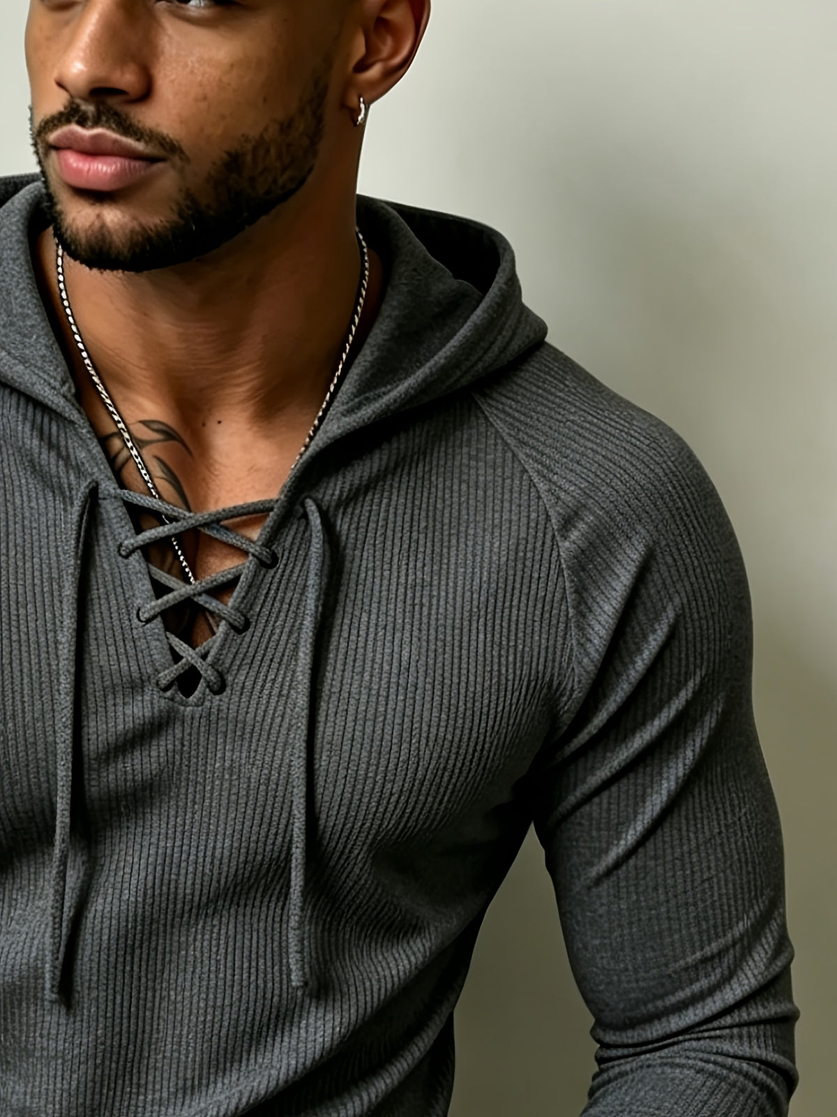 European and American Style Men's Houndstooth Hooded Long Sleeve T-Shirt with Criss-Cross Lace-Up Deep V, Solid Color Stretchy Body-Hugging Sport Hoodie, Versatile Everyday Pullover - Dark Gray
