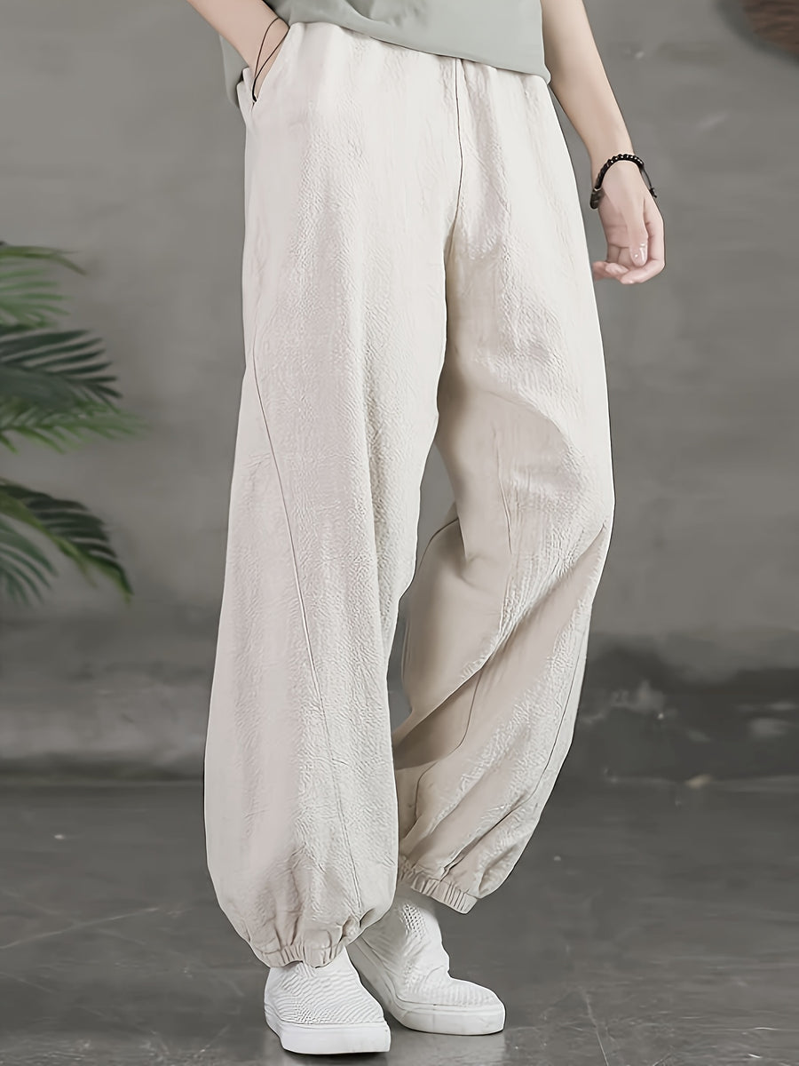 Loose and Breathable Vintage High-waist Tapered Patchwork Casual Wide-leg Long Pants Solid Color Casual Lantern Pants - Apricot