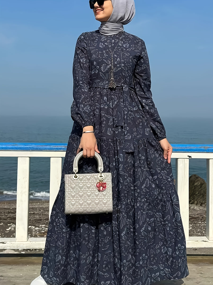 Comfortable Middle Eastern Print Long Dress Robe | Floral Pattern, Long Length, With Belt, Suitable For All Seasons - Slate Grey