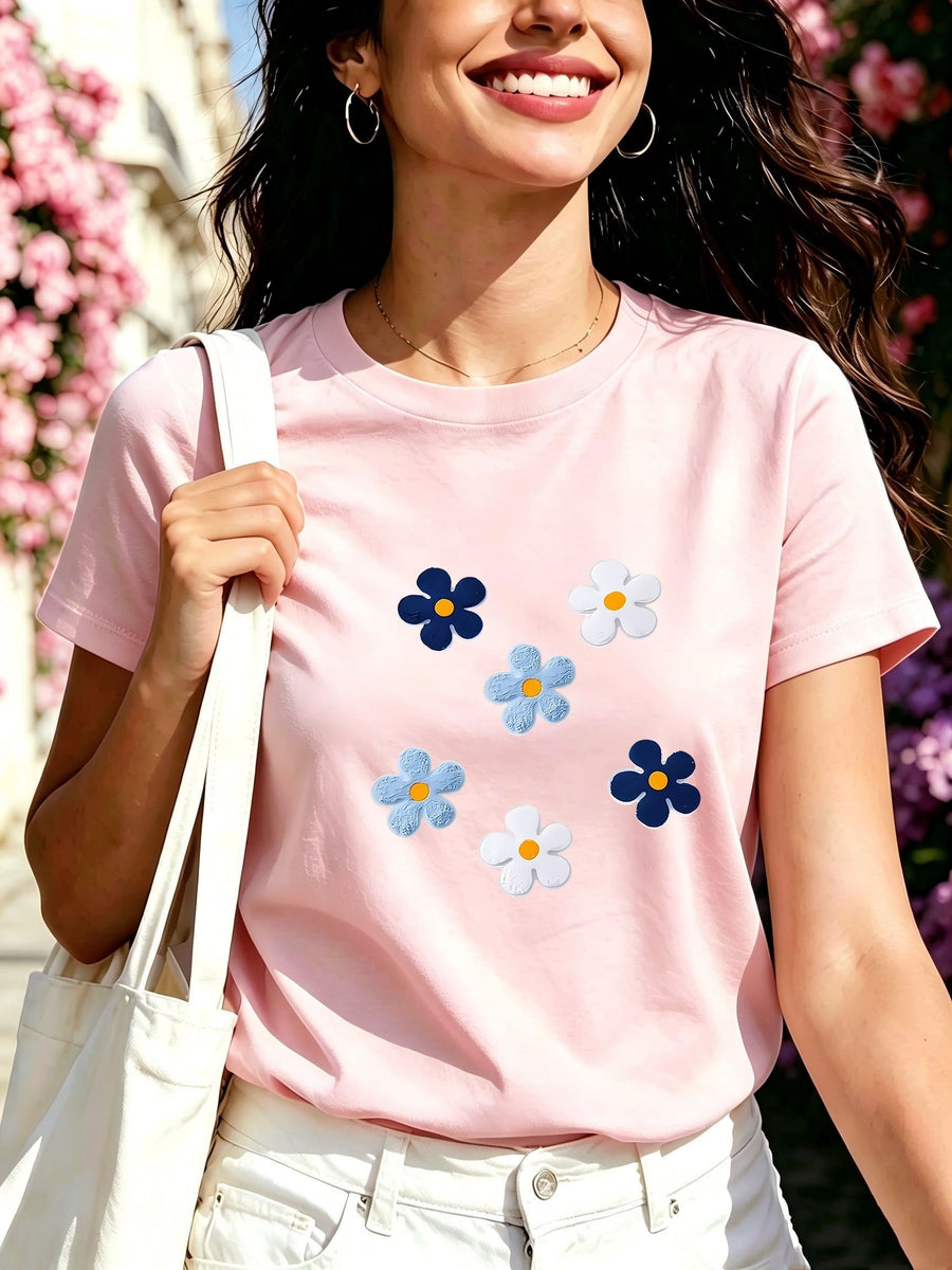 Women'S T-Shirt, Multicolor Floral Print, Casual Short-Sleeve Top, Available in Multiple Sizes, Suitable for Daily Wear And Leisure Outings - Pink