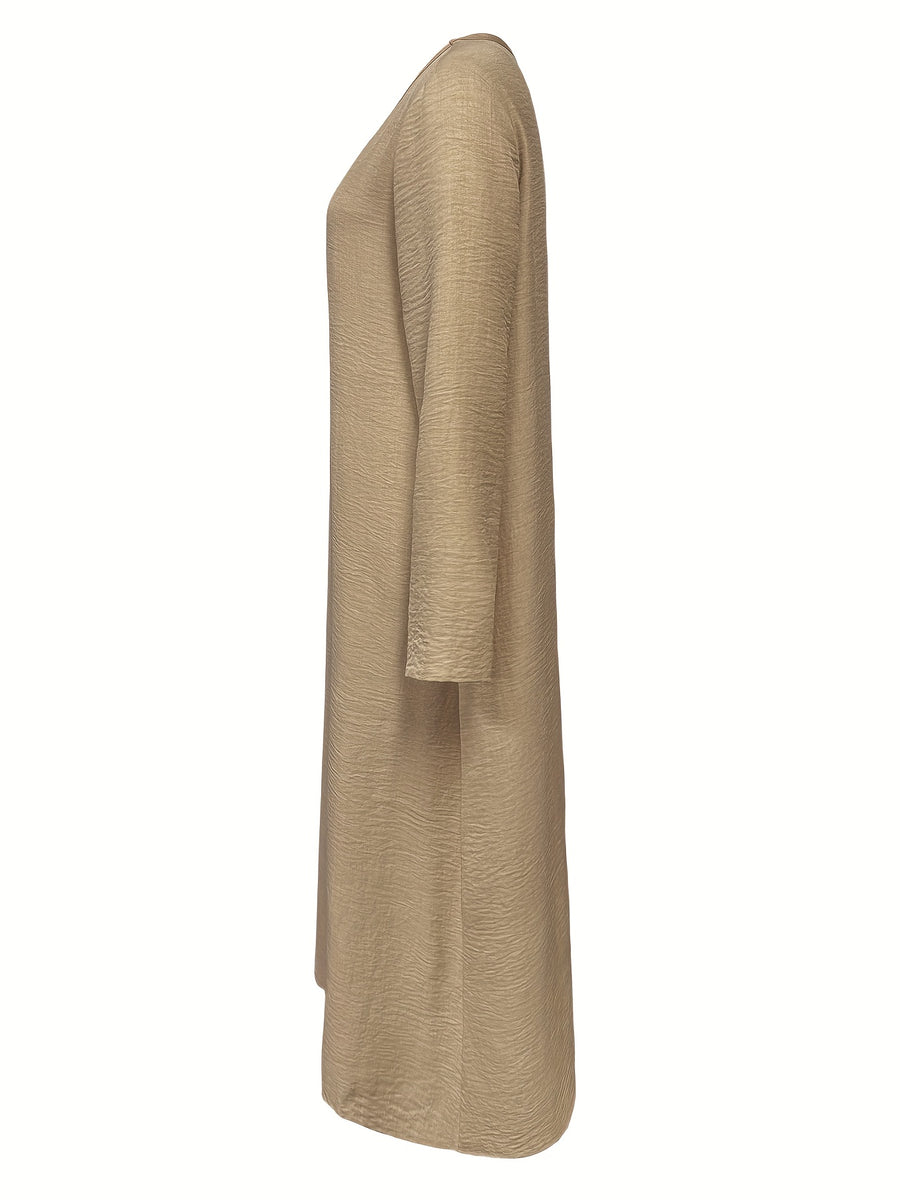 Women's Casual V-Neck Long Sleeve Solid Color A-Line Loose Fit Maxi Dress - Khaki