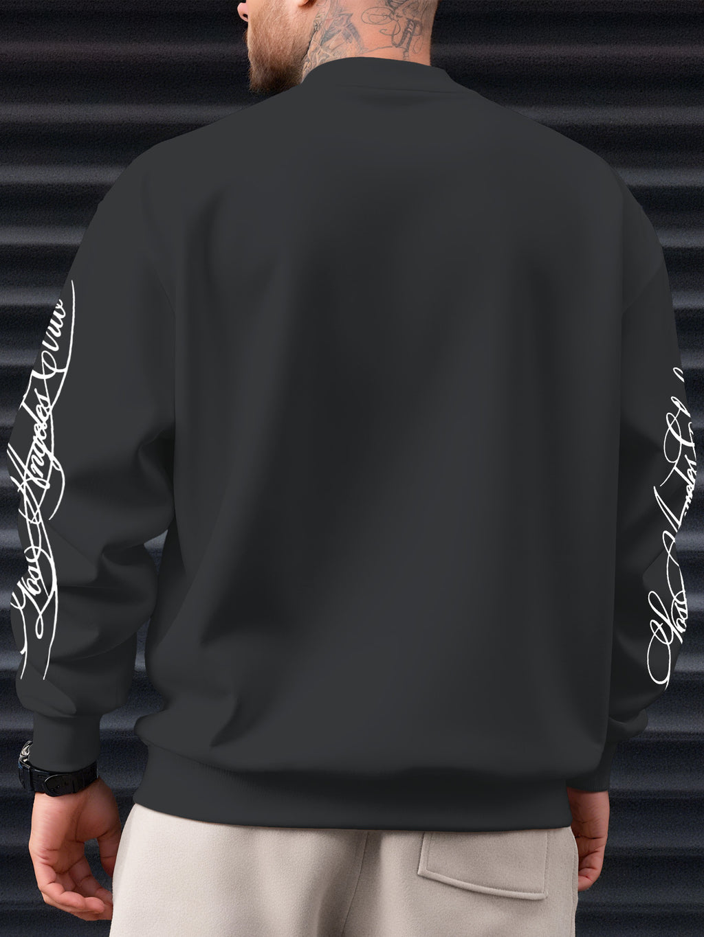 Men's Street-Style Cool Fashion Crewneck Sweatshirt with Smooth Handwritten Font Print, for Daily Casual Trendy Wear - Dark Gray