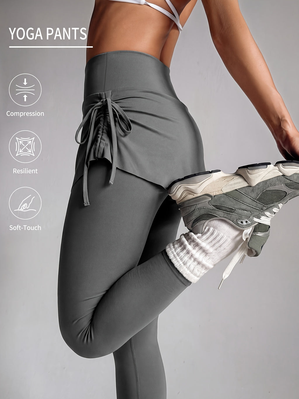 Women'S Faux Two-Piece Pants, Easter New Style Trousers, Tie-String High-Waist Pleated Design, Breathable Comfortable Fabric, Suitable for Cycling, Fitness - Space Gray