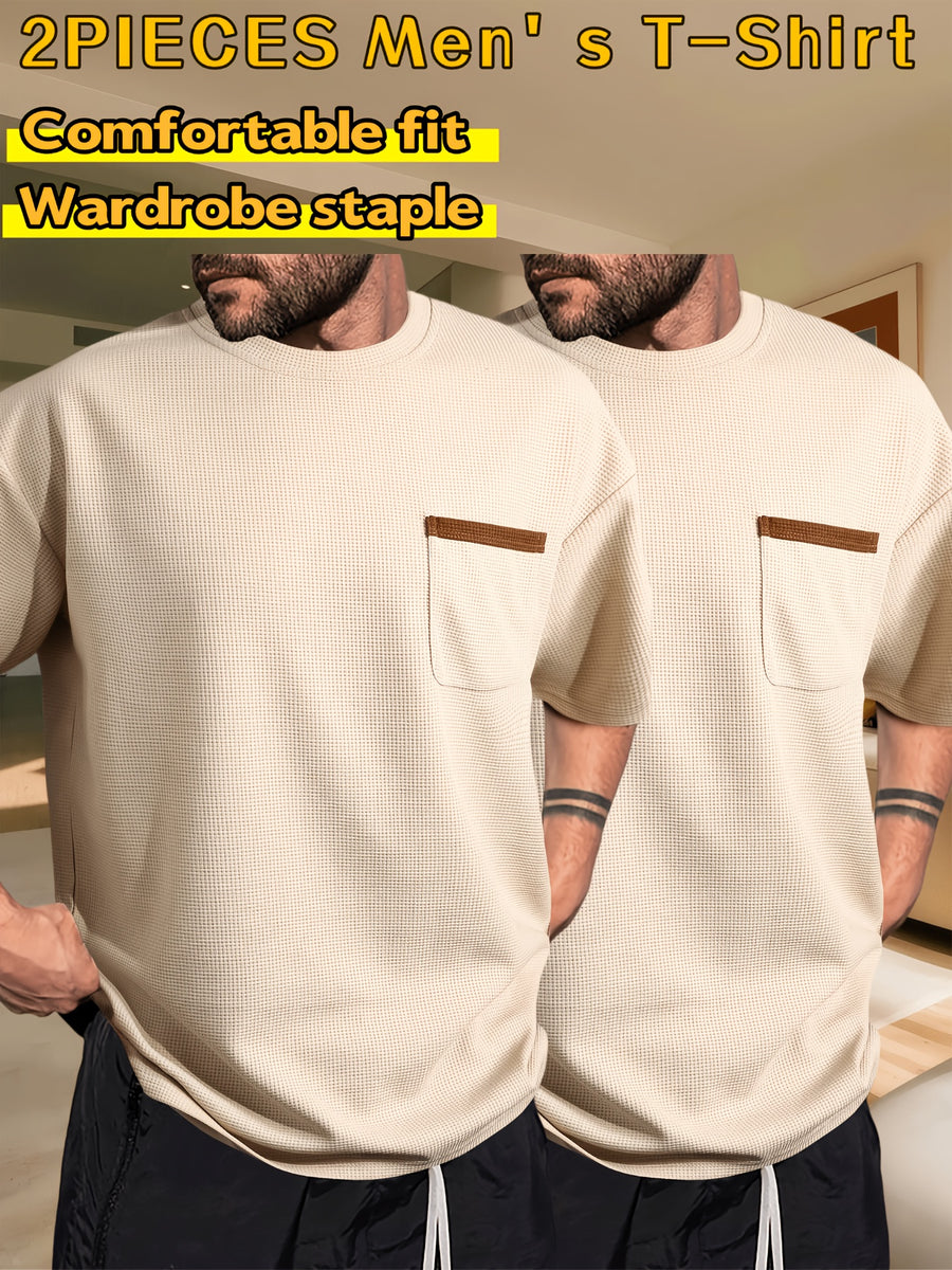 Men's Waffle-Knit Short Sleeve T-Shirt - Breathable Base Layer & Casual Round Neck Pocket Tee, Solid Color Suitable for Gym, Casual Attire, Machine Washable, Spring/Summer Layering Shirt, High-Fit Rate for Lifestyles - Apricot + Apricot