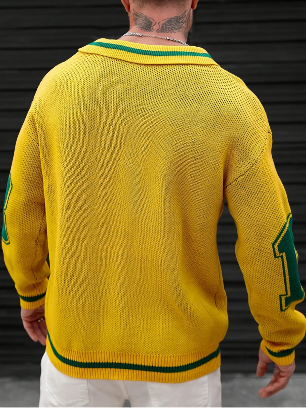 Men'S Polo Neck Knit Sweater with 18-Digit Pattern, Long Sleeve Casual Pullover, Retro Preppy Sporty Loose Fit Fall Winter Gray Top - Yellow