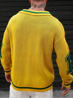 Men'S Polo Neck Knit Sweater with 18-Digit Pattern, Long Sleeve Casual Pullover, Retro Preppy Sporty Loose Fit Fall Winter Gray Top - Yellow