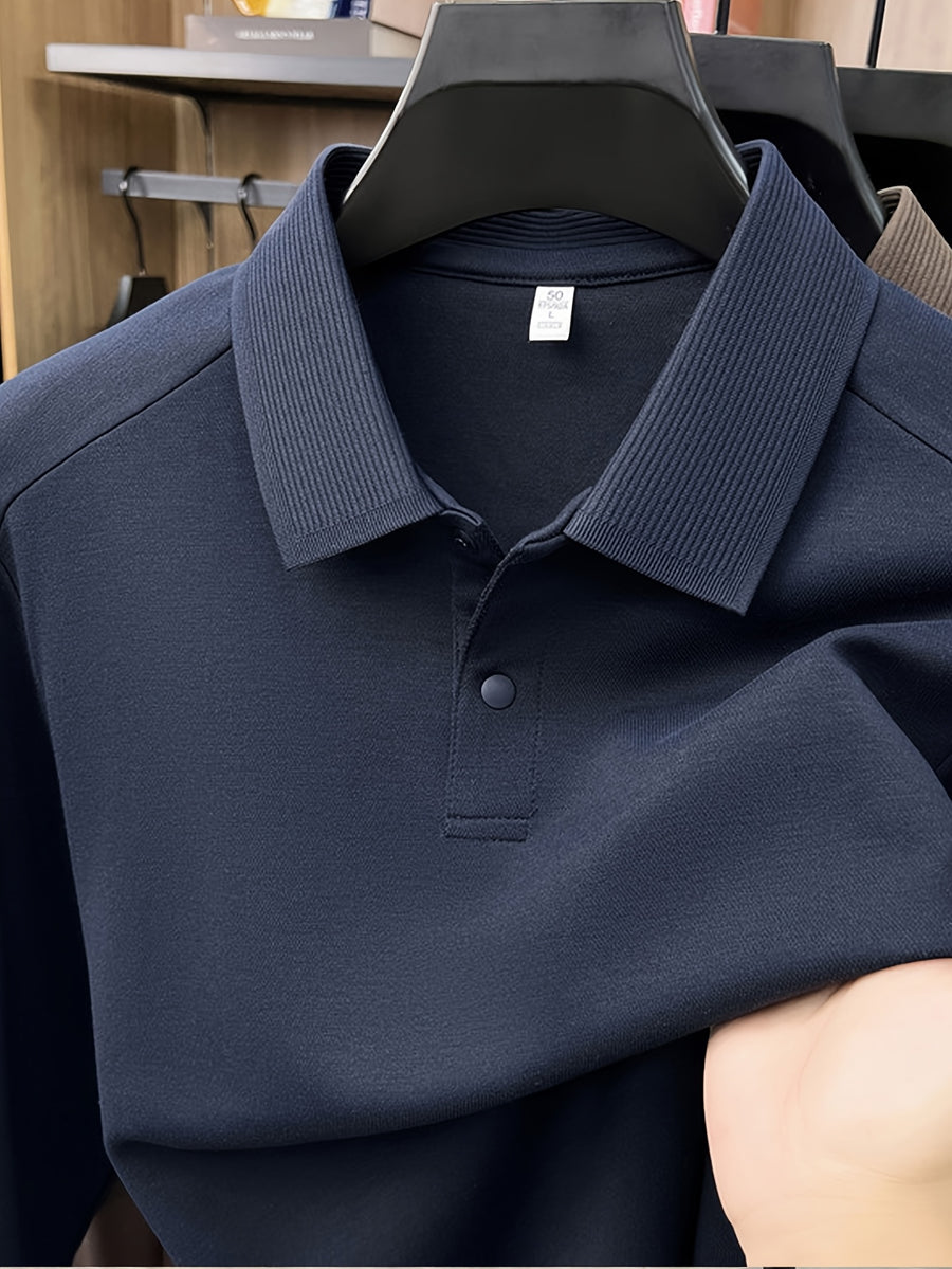 Men'S Lapel Long Sleeve Polo Shirt, 2-Button Design, Ribbed Polo Collar, Suitable for Commute And Casual Wear, Can Be Worn Inside Or Outside - created-sapphire