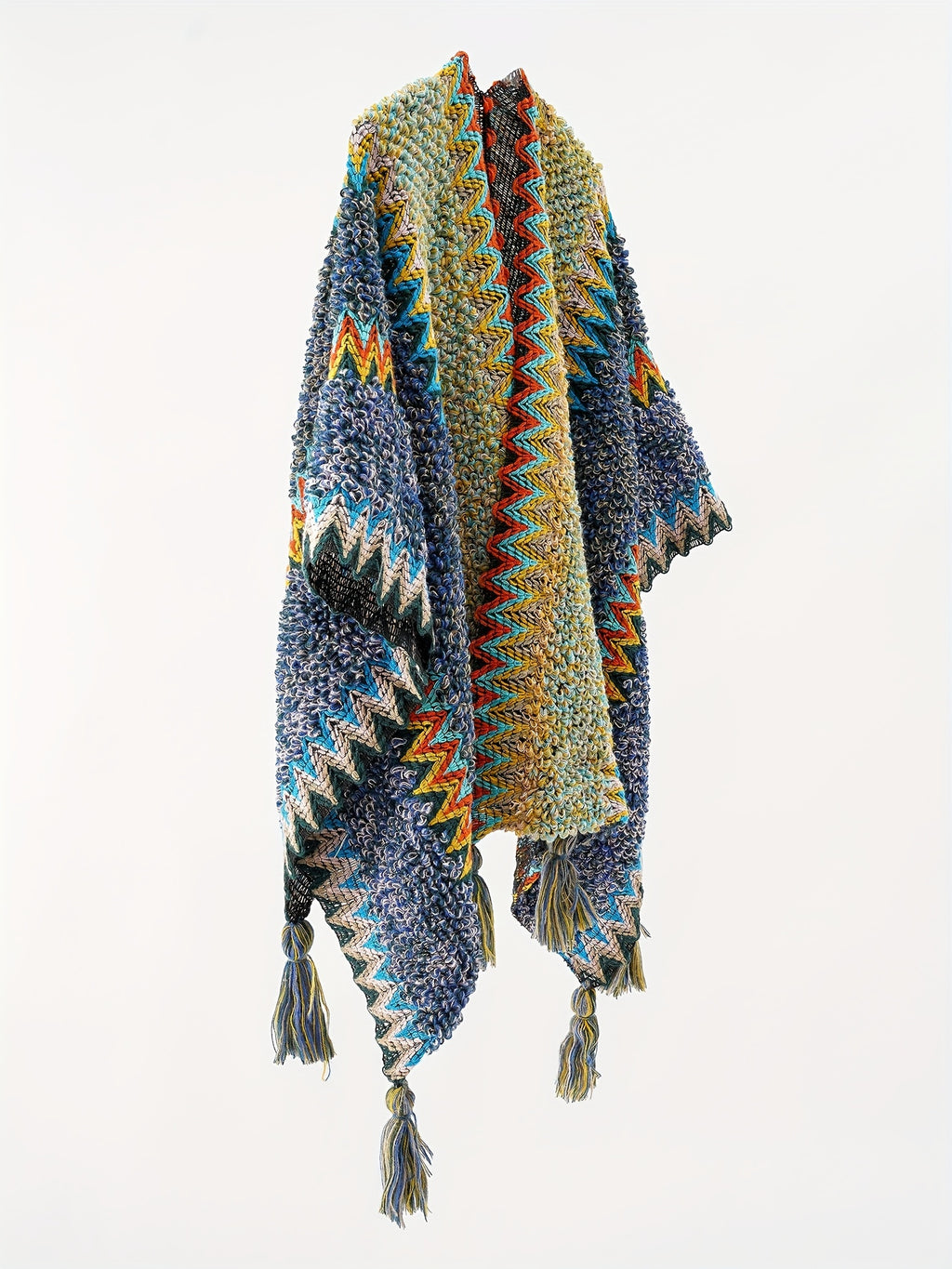 Tassel Striped Hollow-Out Airplane Blanket Cape Unisex Travel Coat - Sea Blue