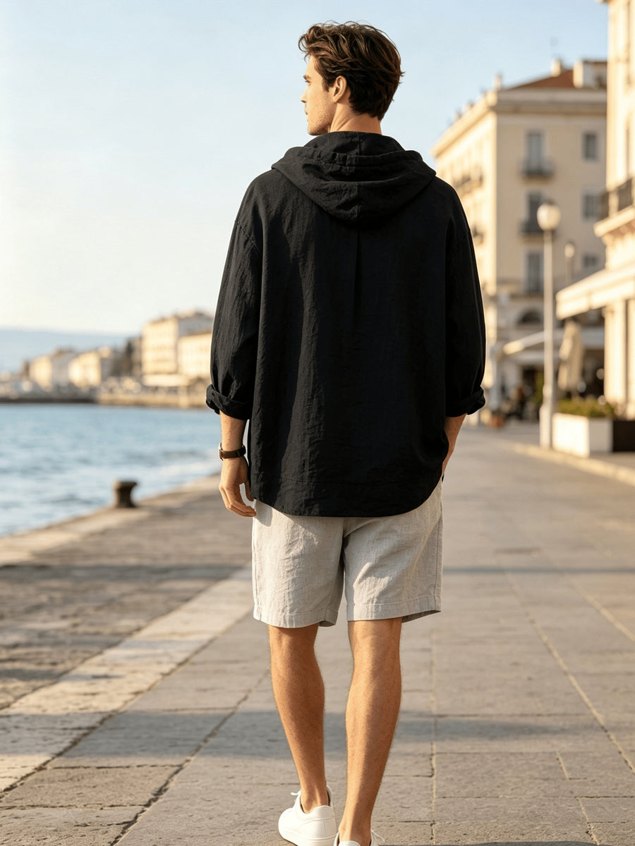 2026 New Men's Hooded Shirt, Soft and Breathable Linen Fabric, for Vacation, Travel, Leisure, Outdoor Fishing, and Beach - Black