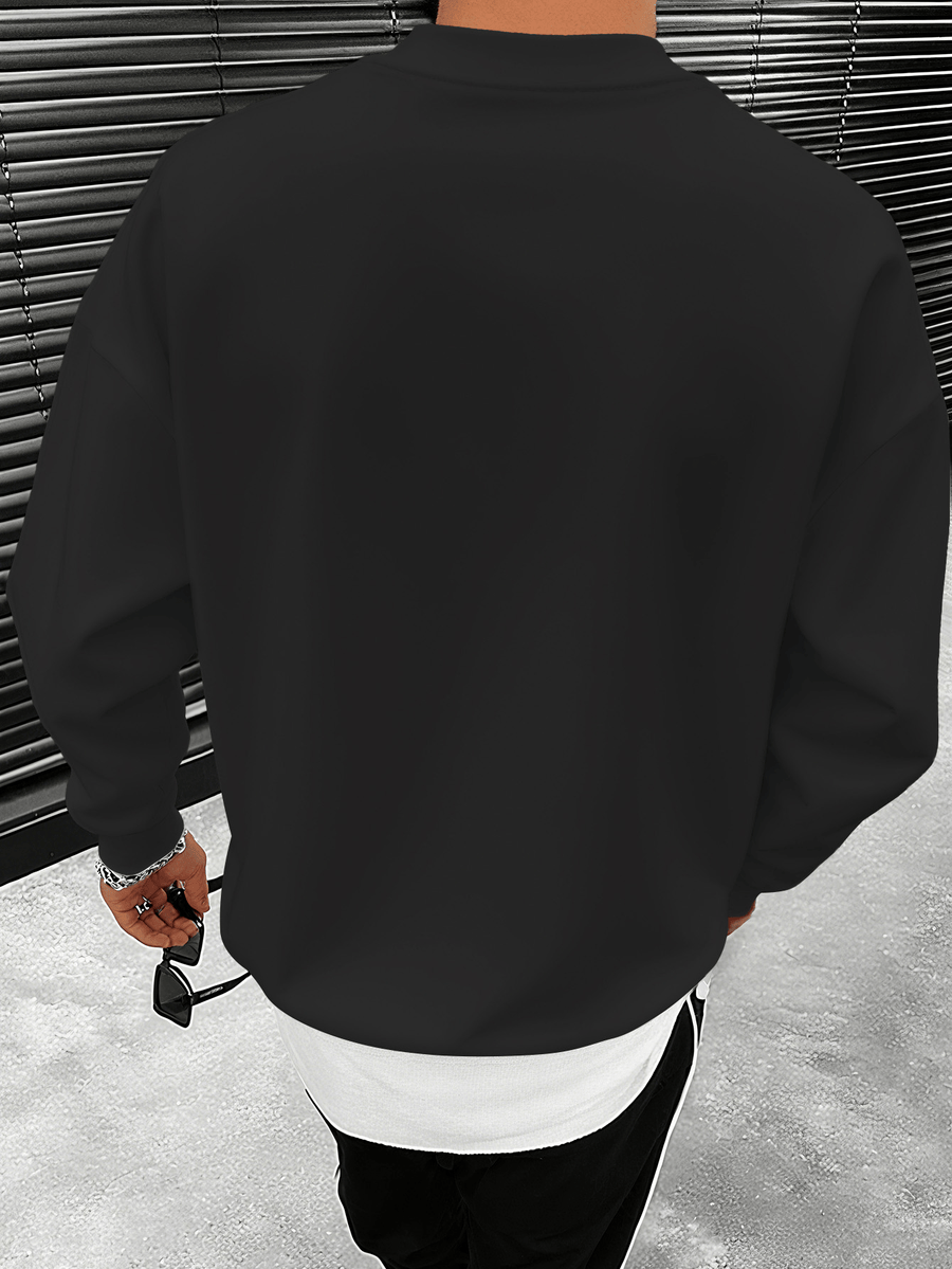 A Men's Crewneck Sweatshirt with a Streetwear-style Creative Patch Featuring a Small Bear Print - Black