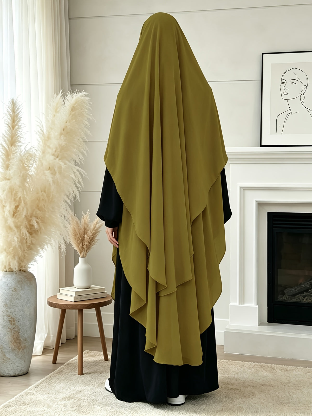 1pc High-Quality Pearl Chiffon Double-Layer Design Breathable And Private Kimmar Scarf Matching Any Abaya Women'S Daily Wear Prayer Use All Seasons - Olive