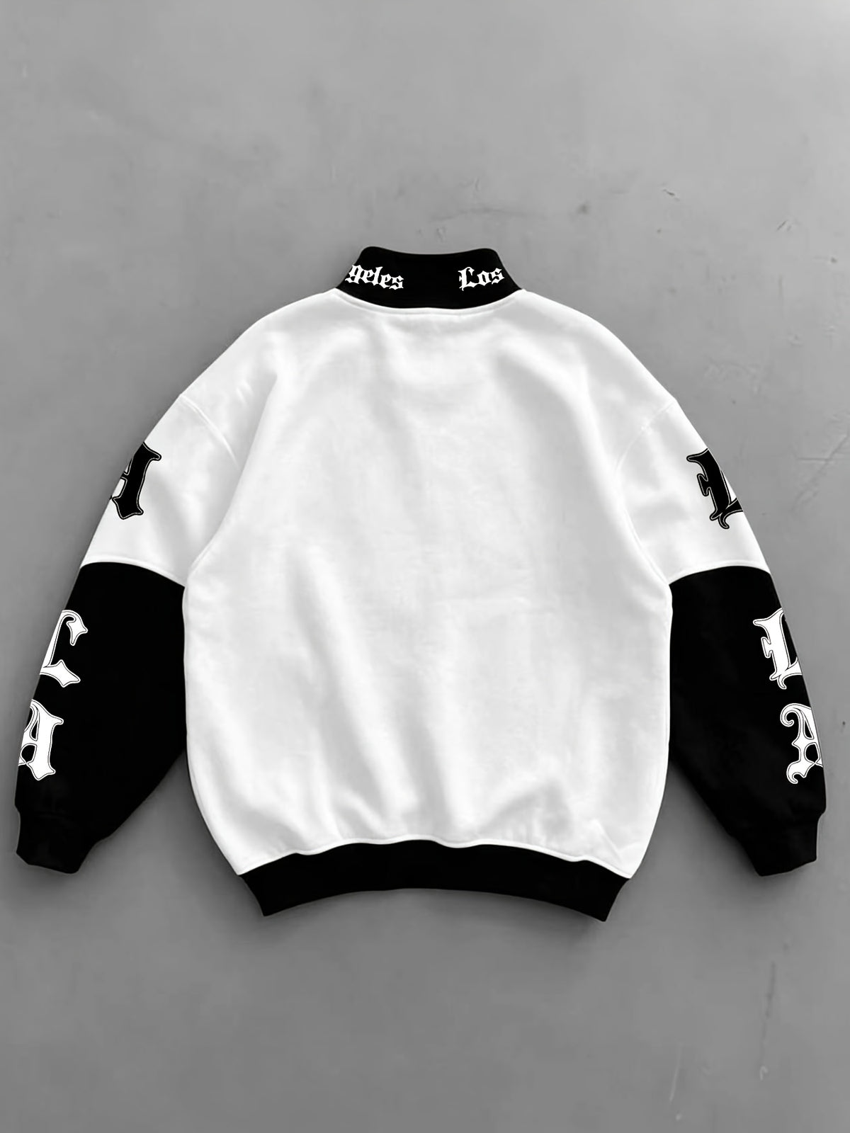 Los Angeles City Theme Print Black And White Contrast Patchwork Zipper Stand-Up Collar Pullover Sweatshirt - White