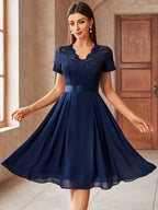 Women's Elegant Lace V-Neck Short Sleeve Chiffon A-Line Wedding Party Short Dress - Navy Color