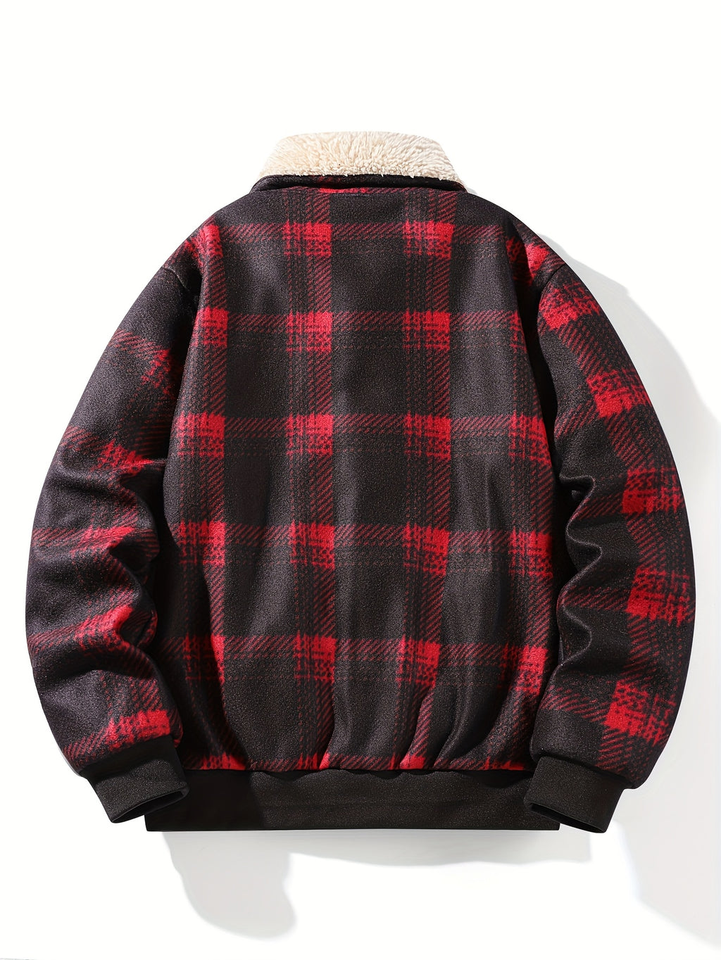 Men's New Autumn/Winter Jacket, Thickened and Warm Motorcycle Style with Lapel Design, Snap Button Closure and Ribbed Cuffs for Shrinkage Control, Contrast Color Plaid Fabric, Suitable for Outdoor and Home Wear in Autumn and Winter - Burgundy