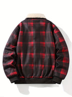 Men's New Autumn/Winter Jacket, Thickened and Warm Motorcycle Style with Lapel Design, Snap Button Closure and Ribbed Cuffs for Shrinkage Control, Contrast Color Plaid Fabric, Suitable for Outdoor and Home Wear in Autumn and Winter - Burgundy
