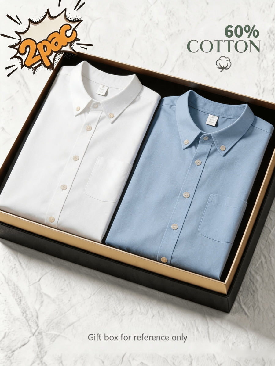 1+1 2pcs Classic Men's Oxford Plain Color Shirt, Long Sleeve Spring/Autumn Pocket Lapel Shirt for Casual Daily Outings - White+Light Blue