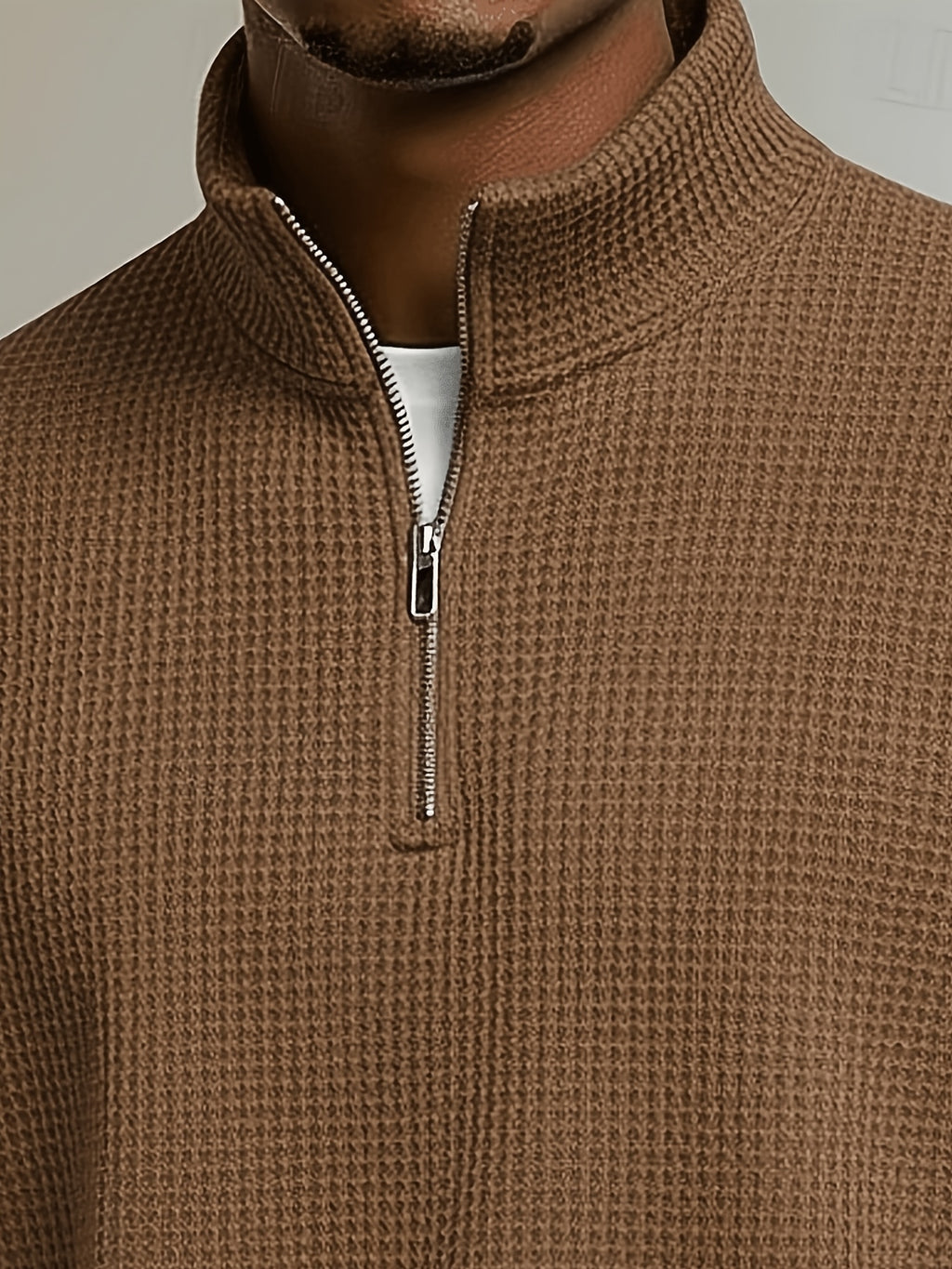 Men'S Henley Zip-Up Shirt - Khaki