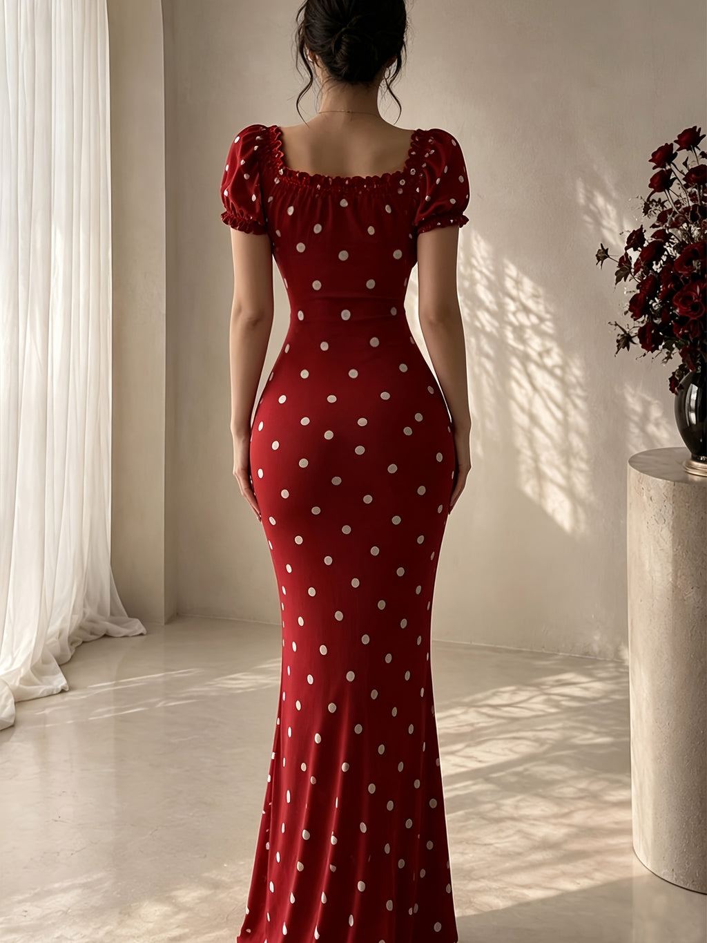 Women'S Elegant Polka Dot Square Neck Puff Sleeve Waist-Cinching Ruched Sexy -Lifting Dress Suitable for New Year'S Day Valentine'S Day Party Graduation Gift Wedding Date Evening Banquet Bridesmaid Dress - Mixed colors