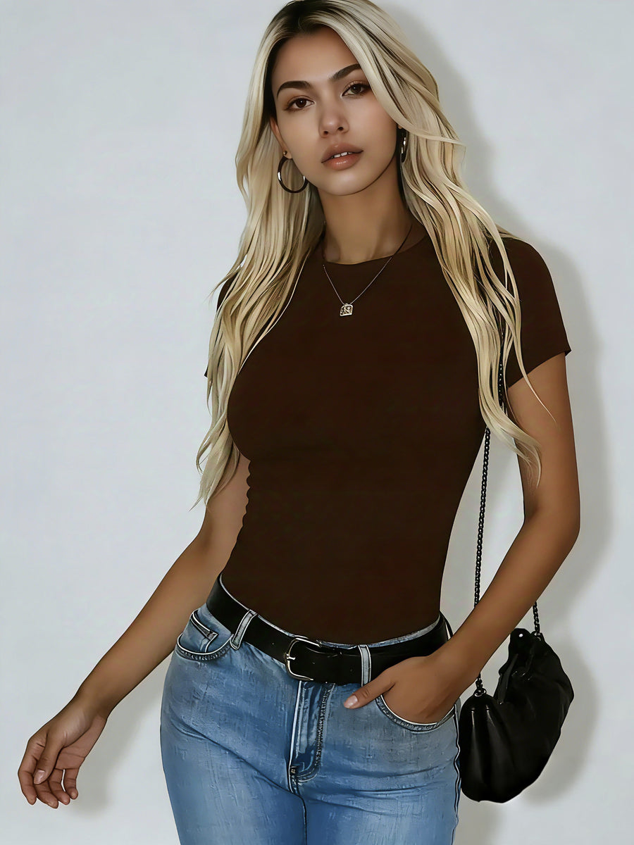 3pcs, Women'S Short Sleeved T-Shirt Summer Crop Top Basic Style Slim Fit, Shopping, Dating, Y2K Clothing - White+Brown+Black