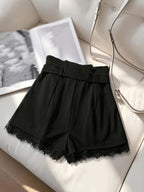 Women's Elegant Black Lace-Trimmed Shorts - Versatile Commuter and Casual Shorts for Spring and Summer - Black