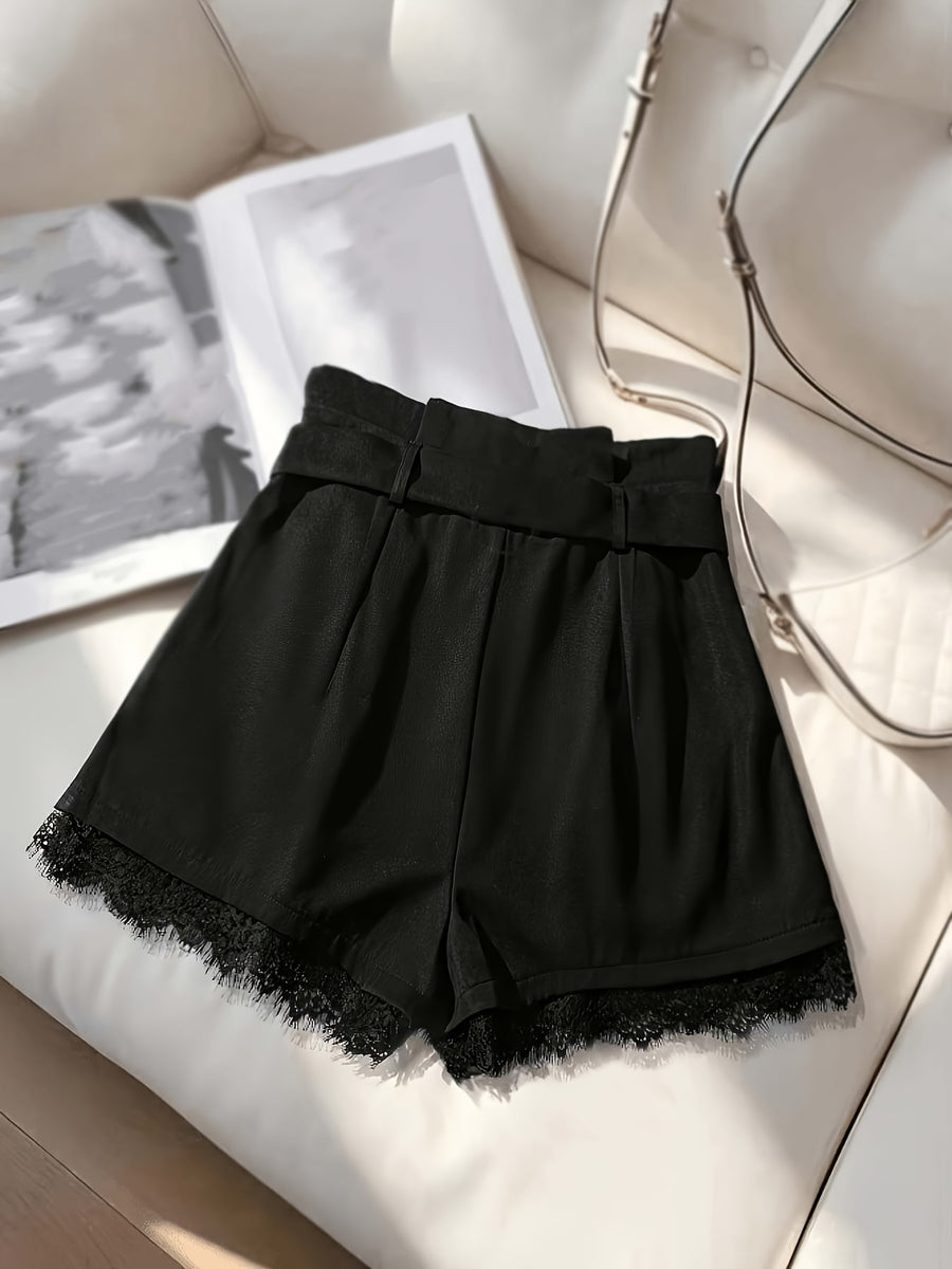 Women's Elegant Black Lace-Trimmed Shorts - Versatile Commuter and Casual Shorts for Spring and Summer - Black