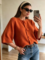 French-Style Large Button Cardigan - Oversized Cropped Top with Flared Bell Sleeves, Round Neck Button-Front Closure, Medium Stretch Suitable for - Layering, Elegant Office to Weekend Wear - Orange