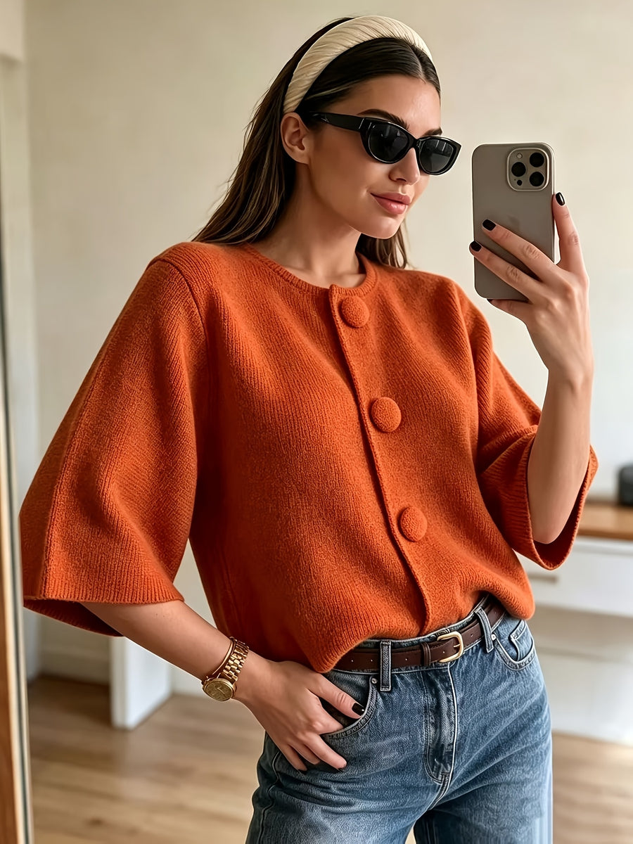French-Style Large Button Cardigan - Oversized Cropped Top with Flared Bell Sleeves, Round Neck Button-Front Closure, Medium Stretch Suitable for - Layering, Elegant Office to Weekend Wear - Orange