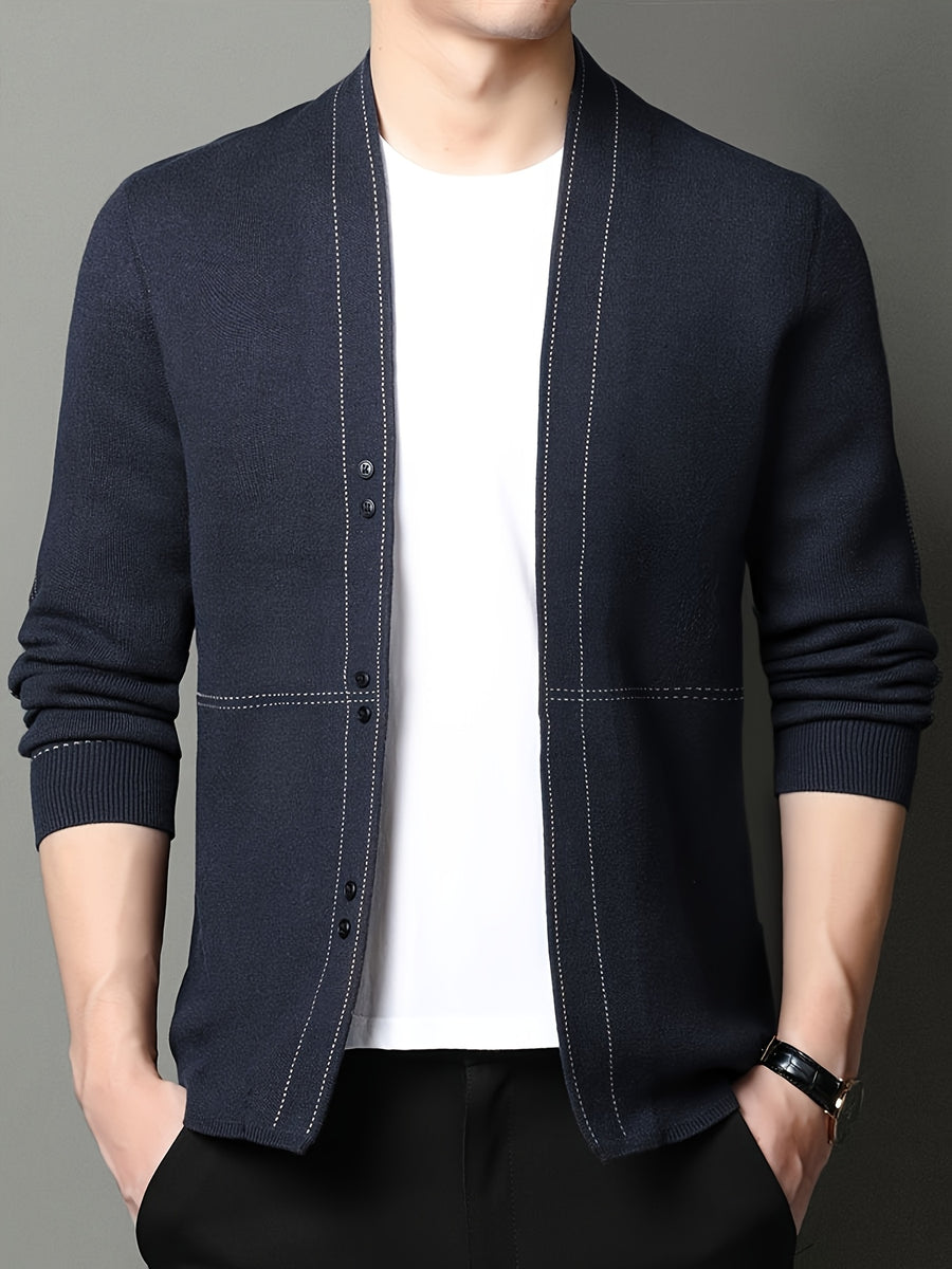 [Qiaoximei Obm] Men'S Knitted Cardigan Spring And Autumn Middle-Aged Striped Velvet Cardigan Jacket Men'S Business Casual Long-Sleeved Knitwear - Navy Color