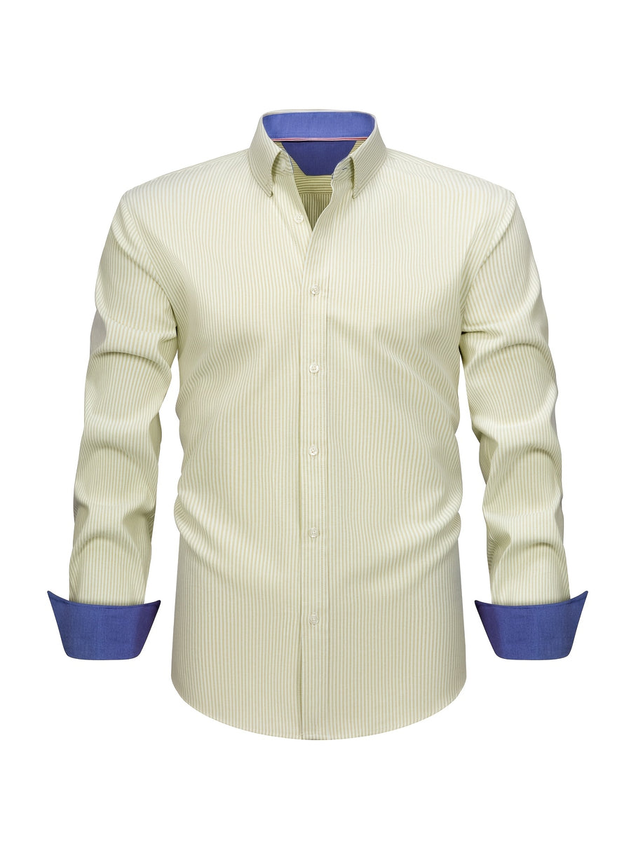 New Cotton Oxford Shirt for Men, Casual Fashion Long Sleeve with Collar and Cuff Patchwork Design, Comfortable and Fitted Business Loose Shirt, Button-Up Striped Dress Shirt, Long Sleeve Collared Striped Dress Shirt for Office Work, Fine Stripe Shirt - Champagne base with white stripes