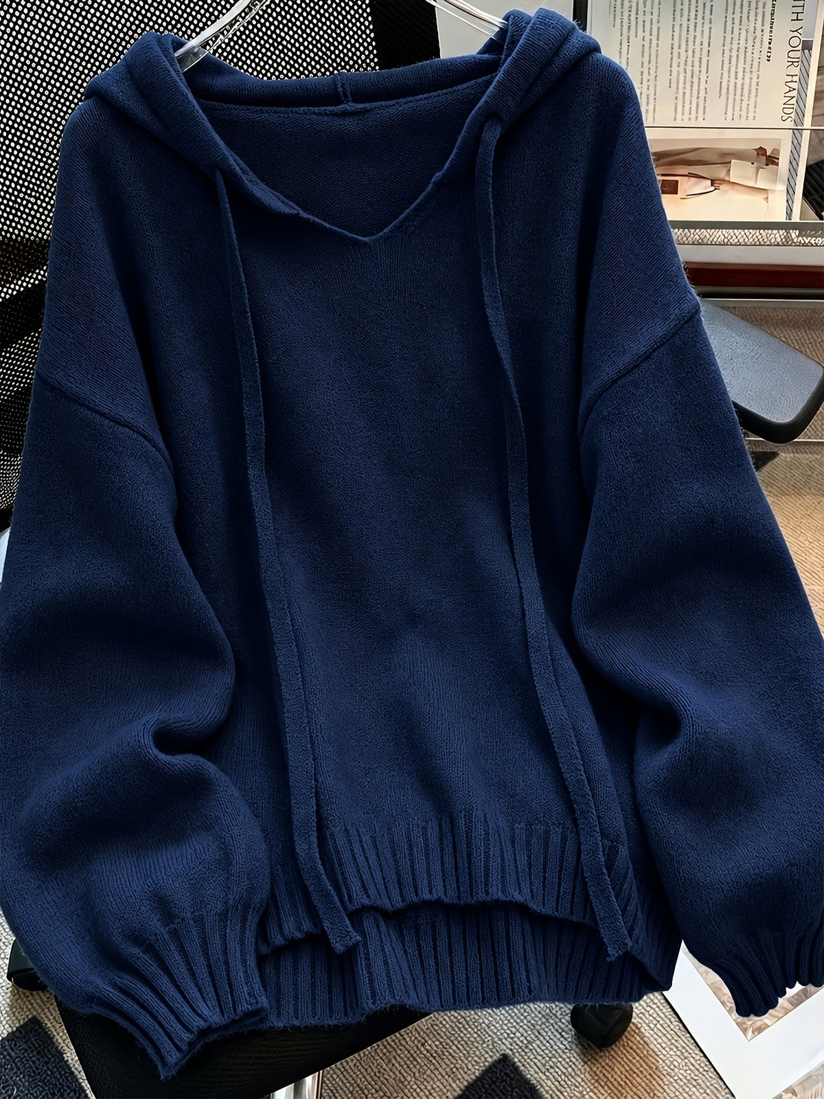Korean-style Loose Fit Casual Hooded Sweatshirt, Autumn/Winter Solid Color Simple Versatile Drop Shoulder Lantern Sleeve Hoodie, 2026 New Fashion Women's Clothing - Navy Color