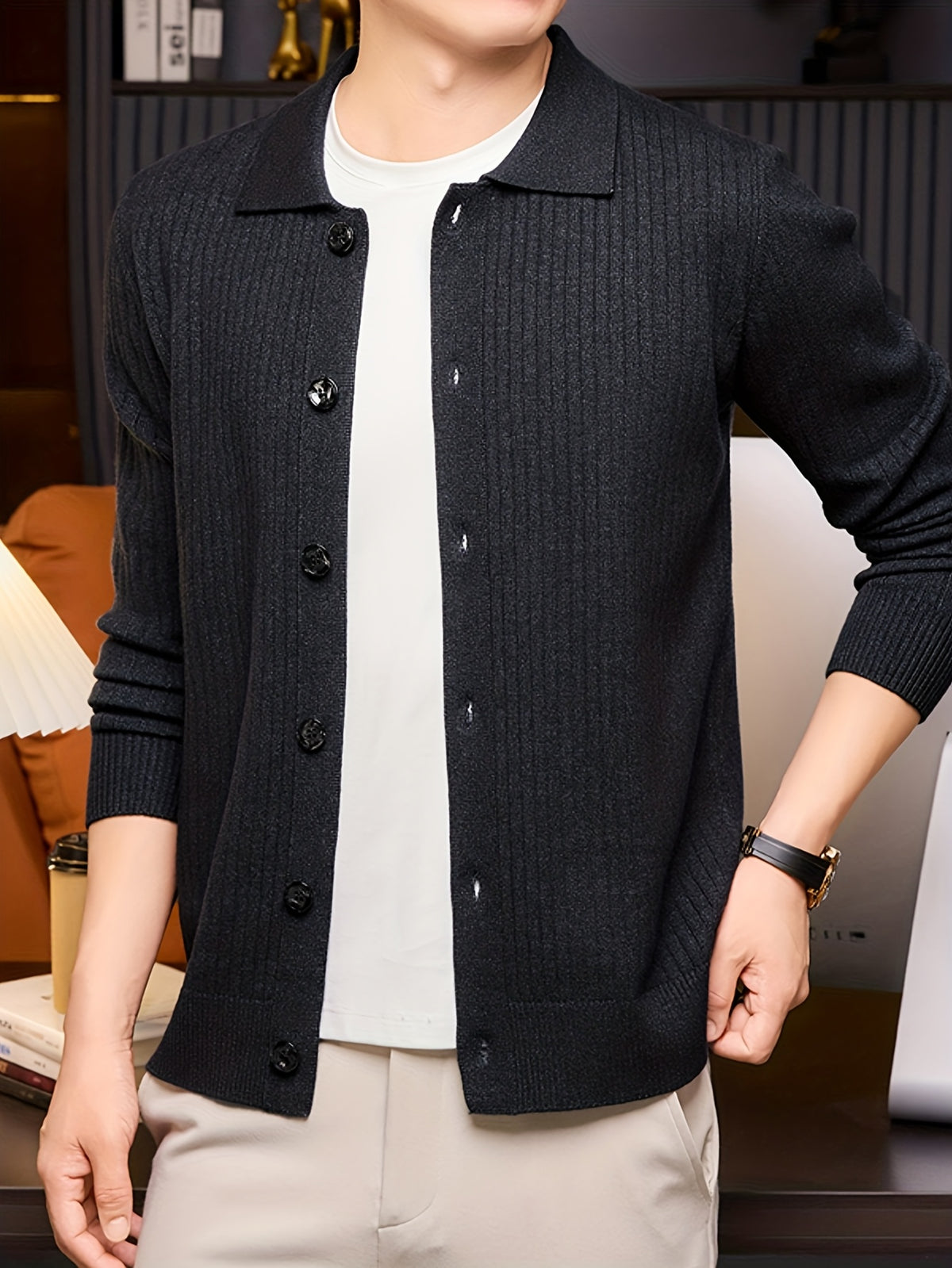 [Starry Prosperity] Autumn Winter Men'S Knit Solid Color Ribbed Open Cardigan Long Sleeve Casual Vertical Striped Lapel Sweater Jacket - Black Gray