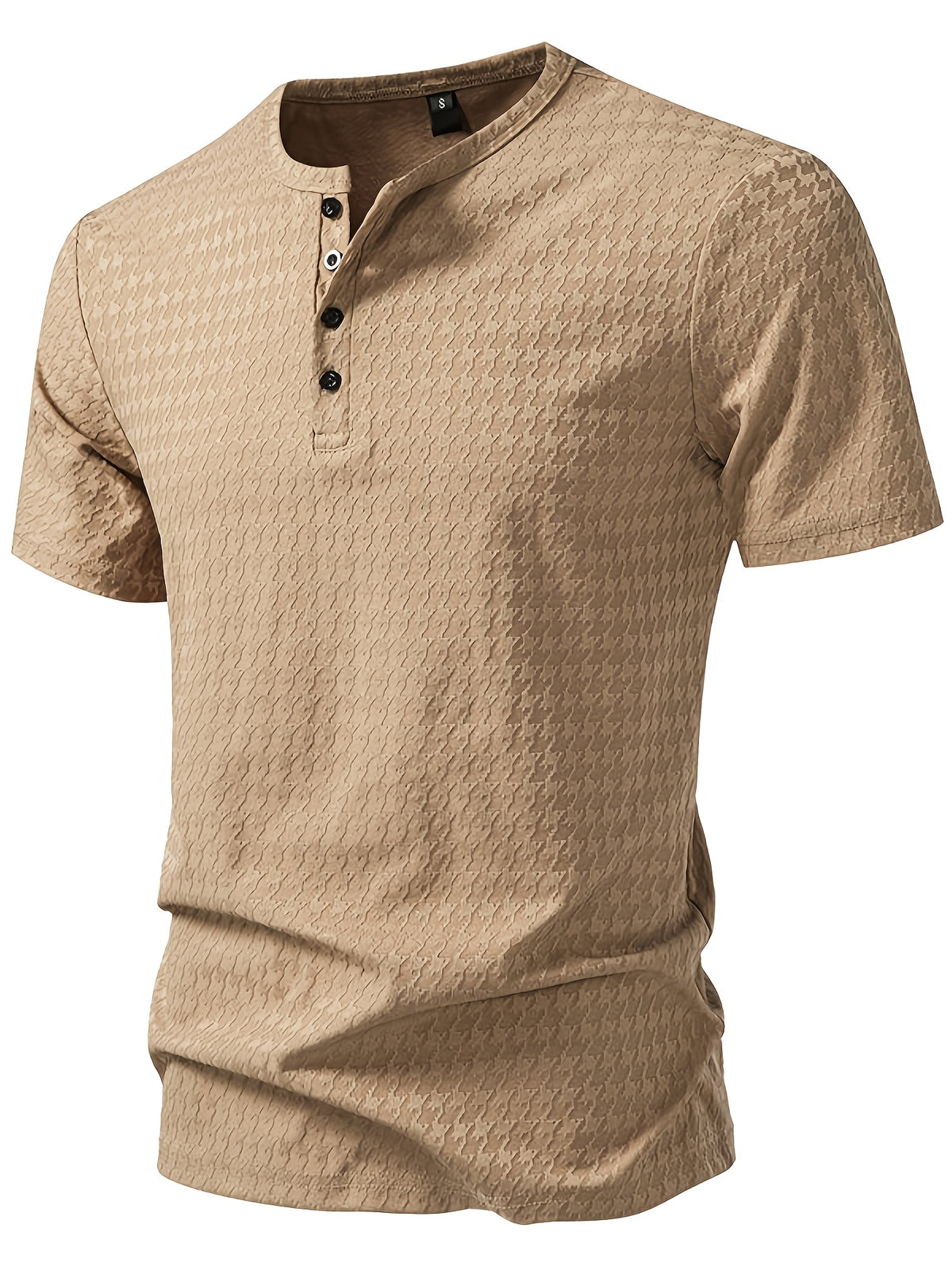 Men'S Waffle Grid Henley Short Sleeve T-Shirt, Houndstooth Jacquard American Vintage Summer Casual Loose Henley Collar All-Match Commute Short Sleeve Top - Coffee Brown