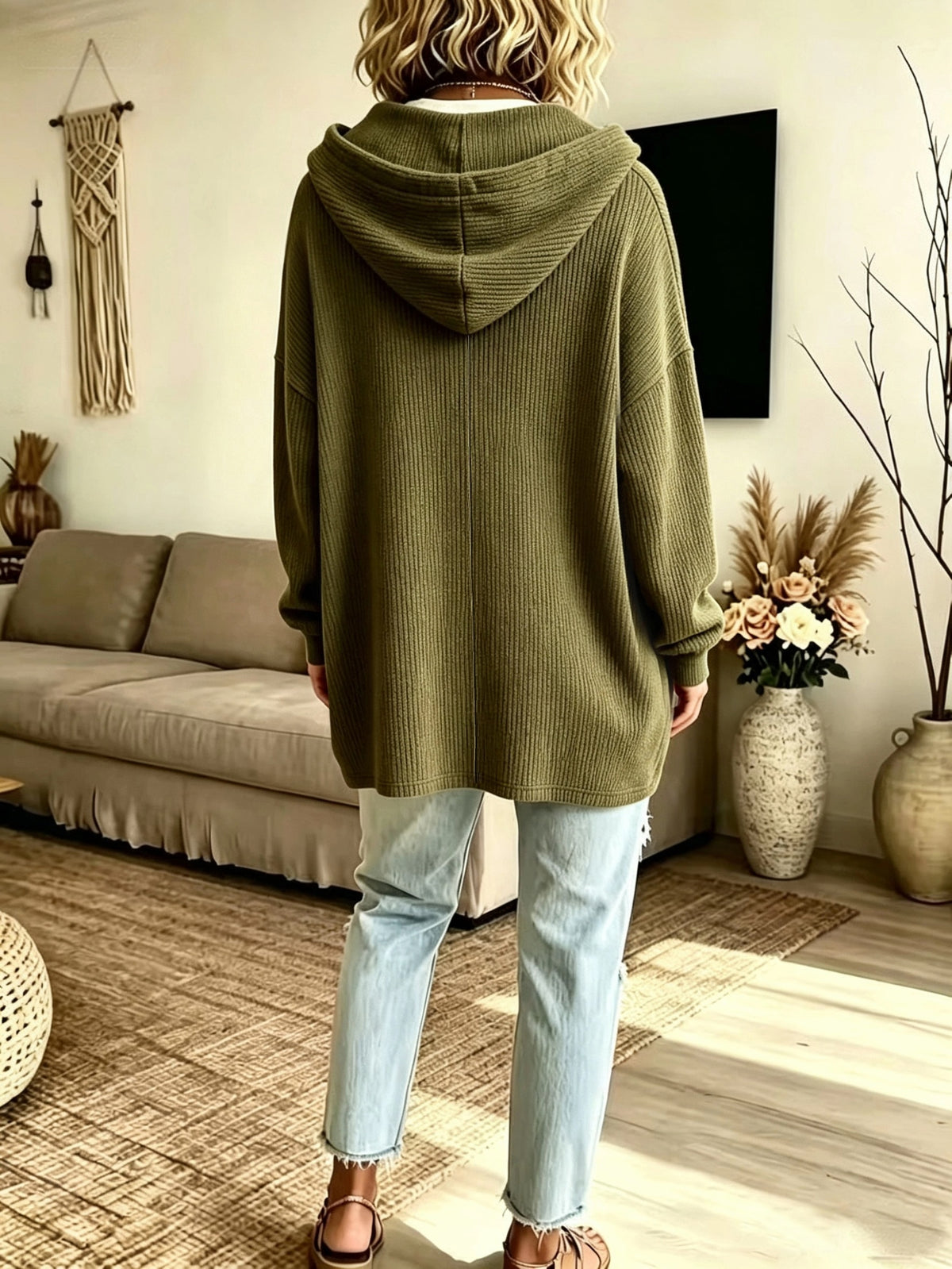 Plus Size - Western New Autumn Winter Solid Color Lapel Long Sleeve Pocket Drawstring Hooded Sweatshirt - Olive Green