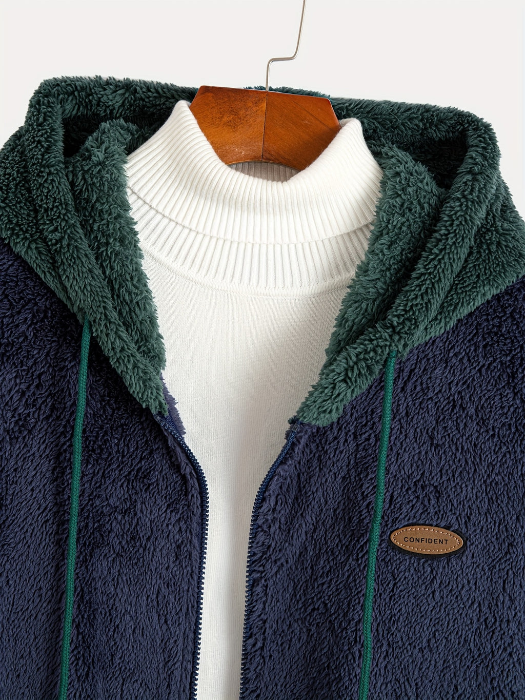 Men's Colorful Plush Hooded Zip-Up Sweatshirt Jacket with Contrast Patch Embroidery, Warm and Thickened for Autumn/Winter - Dark Green