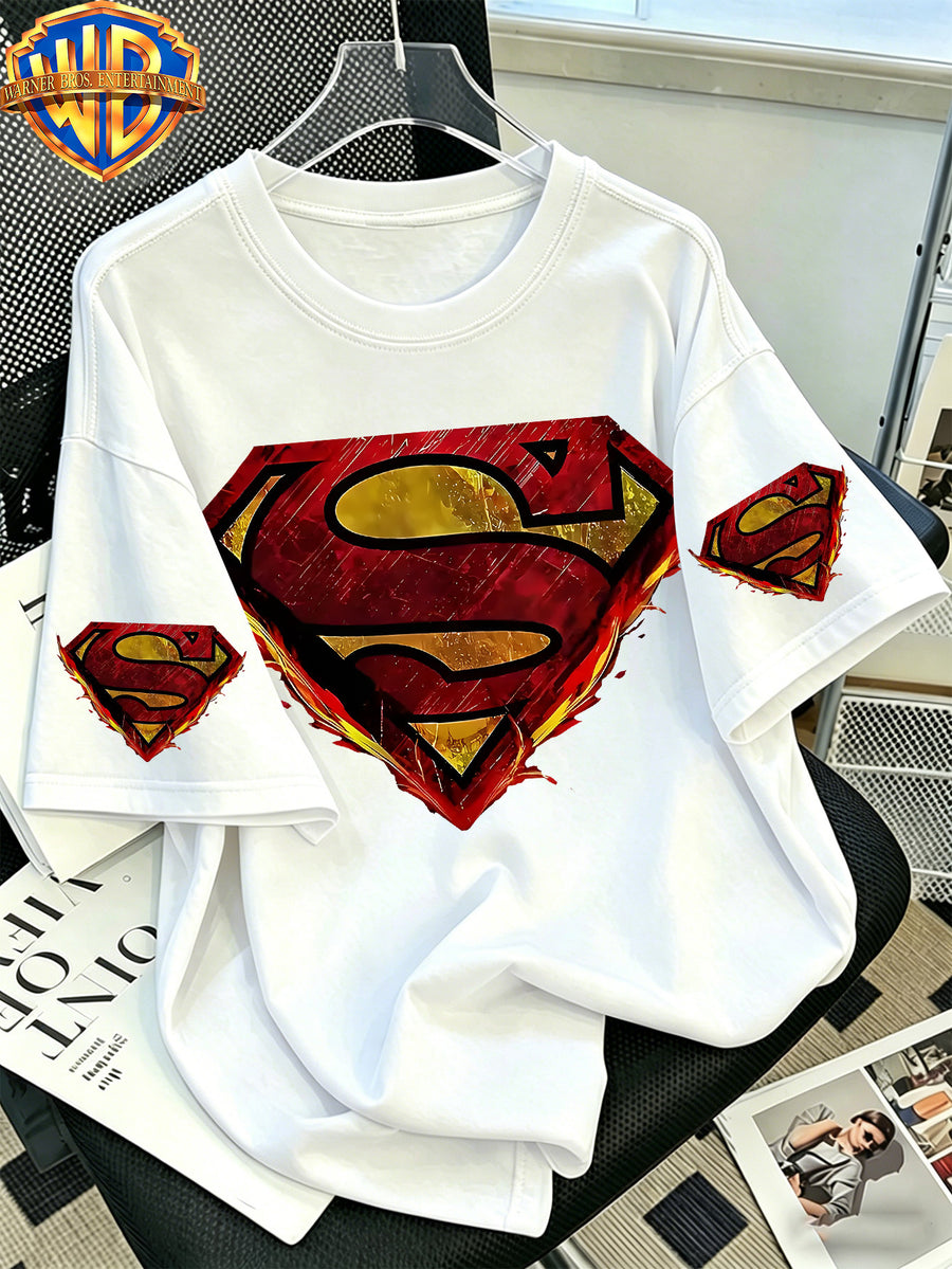 Warner Bros. Official Classic Pure DC Superman Classic S-Logo T-Shirt, Men's 100% Pure Casual Comfortable Multi-Functional Loose-Fit Summer Short-Sleeve T-Shirt, Suitable for Outdoor Wear - White