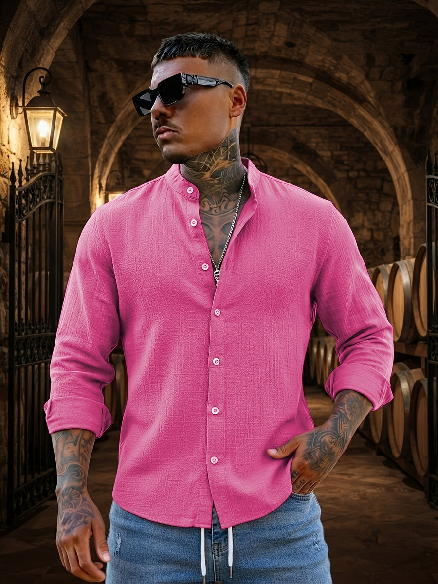 Men's Solid Color Casual Stand Collar Button- Long Sleeve Shirt. The Solid-colored Fabric Offers a Comfortable Feel, Making It a Great Gift for a Husband or Boyfriend for Home, Outings, Travel, and Beach Vacations. Men's Long Sleeves, Men's Tops - Red