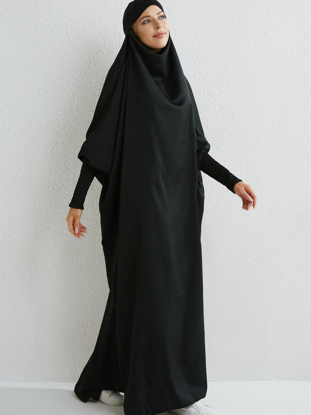 Islamic Attire for Women Featuring a Hooded Jilbab with Smocking Sleeves, Designed for Prayer, Suitable for Modesty in Dubai And Saudi Arabia, Available in Black - Black