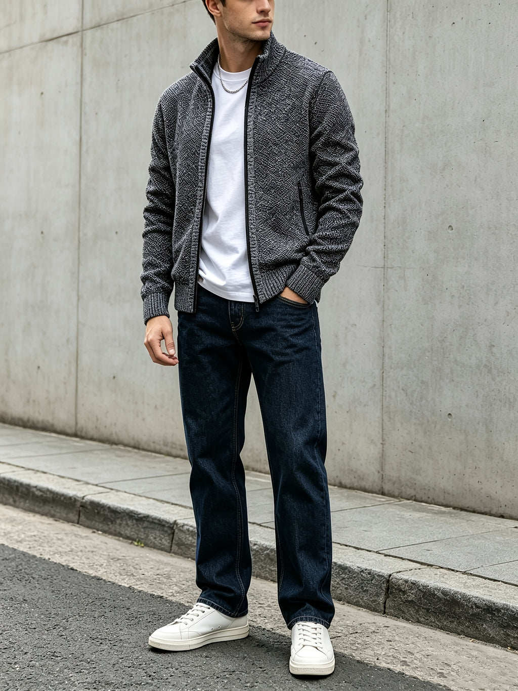 Men's Autumn and Winter Mixed Color Knitted Sweater, Comfortable and Warm, Very Durable Knitted Texture Sweater Jacket, Casual Style, Versatile for Daily Commuting Winter Clothes for Men - Dark Gray