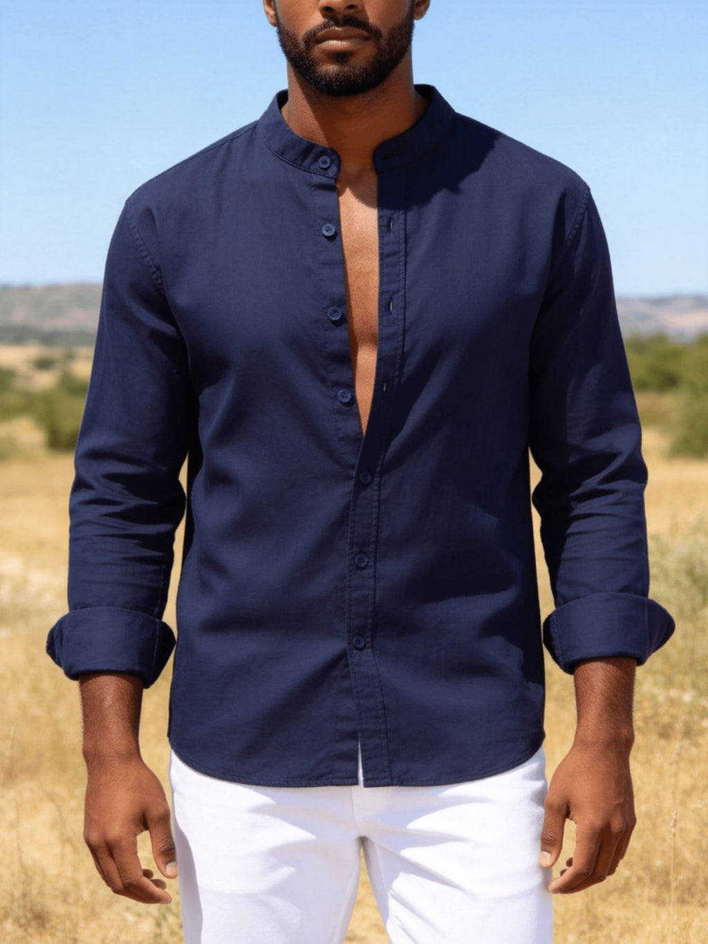 26-Year-Old Men'S New Small Stand-Up Collar Long-Sleeve Shirt, Classic Solid Colors And Multi-Colors Available. Soft, Breathable, Loose Fit for Men, Versatile Shirt for Daily Leisure - Navy Color